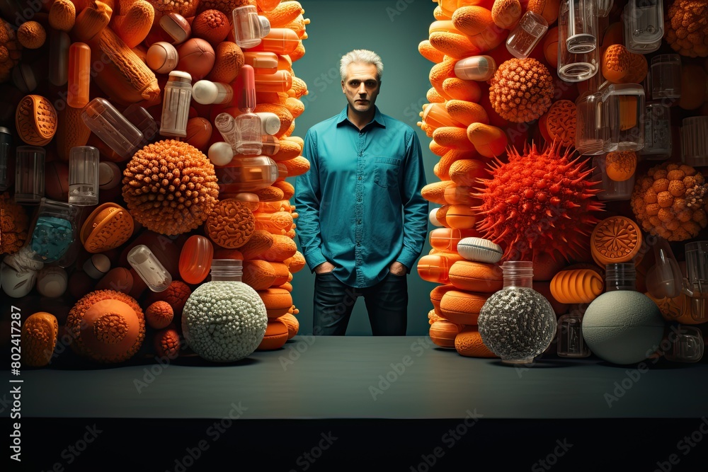 Aufkleber man standing in front of display of vases. generative ai