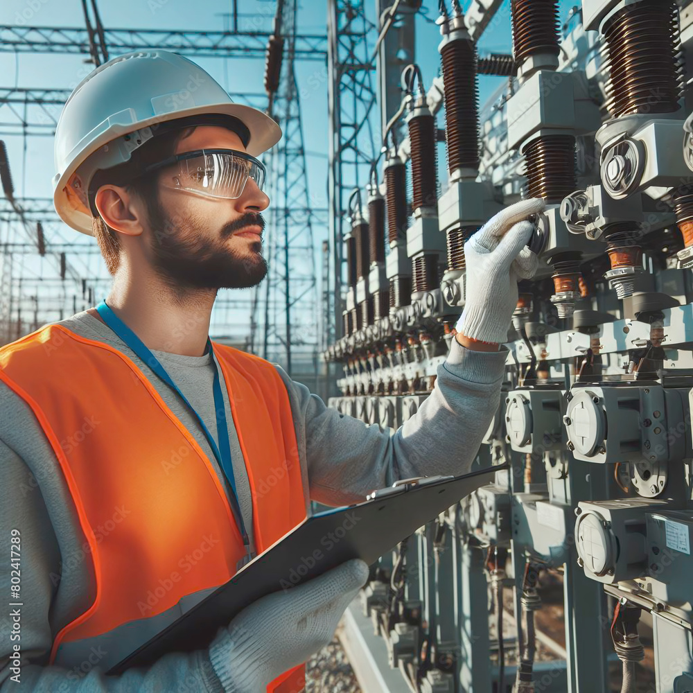 Poster engineer or electrician working in power station. engineer checking electrical equipment.
