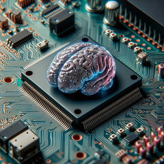Artificial Intelligence (AI) and machine learning concept. Brain in computer circuit board.
