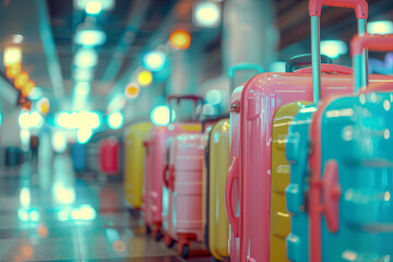 A row of colorful suitcases are lined up on a conveyor belt