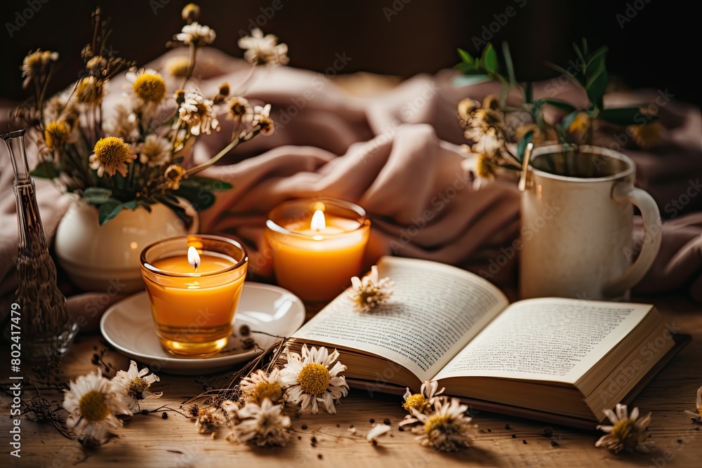 Aufkleber table with two candles and book. generative ai