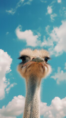 portrait of an ostrich head against a blue sky background