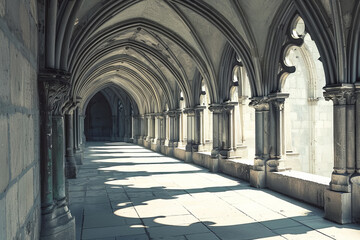 Fototapeta premium A long hallway with pillars and a door