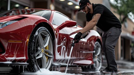 Man hand-washing a luxury red sports car. Detailing vehicle exterior. Professional car wash in action. Vivid colors and focus on the car. Lifestyle and auto care concept. AI