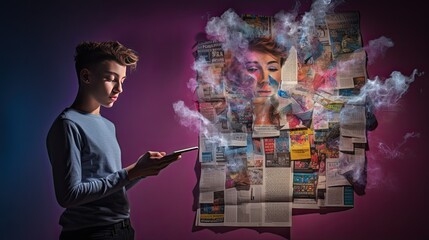 Man Standing in Front of Wall Covered in Newspapers. Generative AI