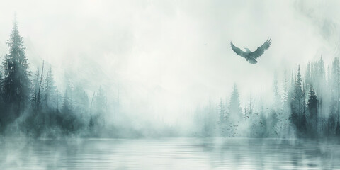A bird is flying over a forest with a body of water in the background