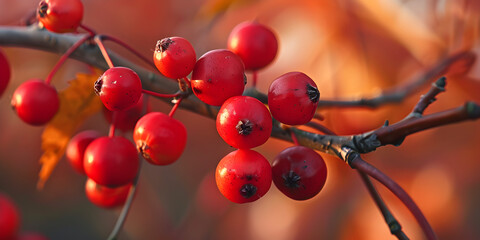 Rowan tree with red berry on branch and blurred background with selective focus .