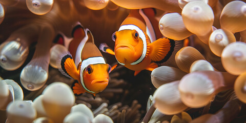 Two yellow Clown Fish In Anemone Background , Clownfish on coral reef cute anemone fish playing vivid marine life.