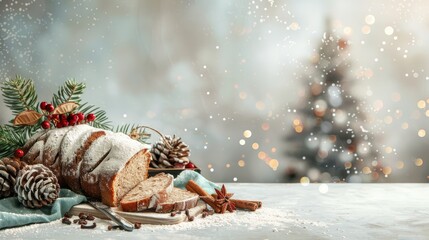 Obraz premium traditional Christmas bread adorned with an array of fruits and nuts, dusted in confectioners' sugar, elegantly presented on a white table cloth amidst winter decorations.