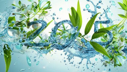 A water splash with plants and flowers floating ,creating  bubbles.