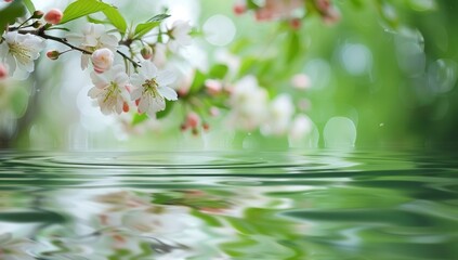  Water ripples and a blooming tree branch in the lake reflection.