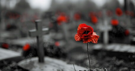 Black and white photo of a war era cemetery with red poppy flowers on crosses