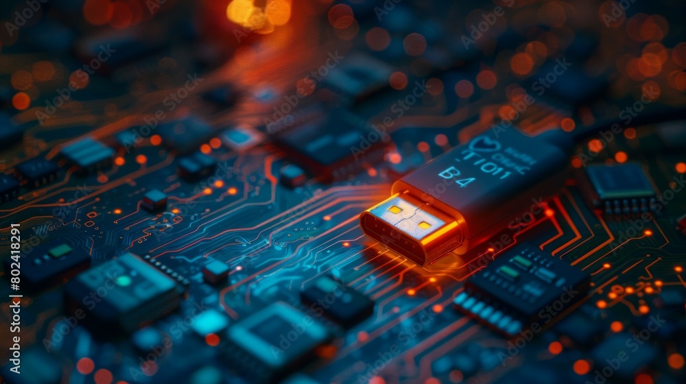 Poster secure usb drive on illuminated circuit board
