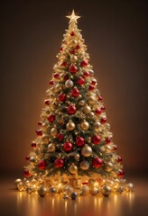 Beautiful golden christmas tree with  balls and lights