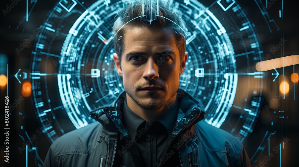 Poster man standing in front of futuristic background. generative ai