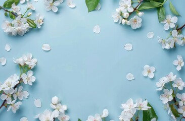  White blossoming cherry flowers tree branches and leaves on blue pastel background.