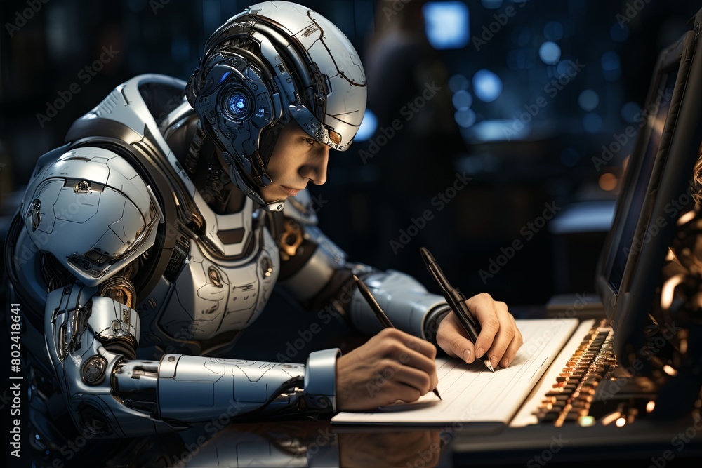 Poster robot writing on paper beside laptop. generative ai