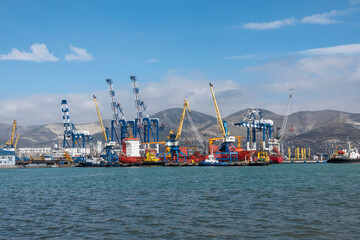 Novorossiysk, Russia 08.18.2023. Port cranes, Black Sea, port, Krasnodar Territory, Novorossiys