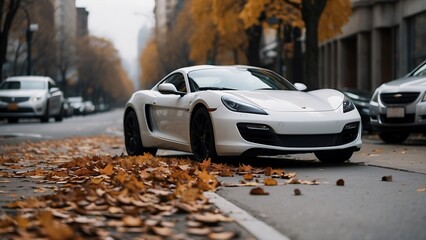 Beautiful white sports car parked on the street among autumn leaves.