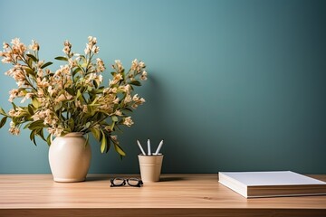 Desk With Vase of Flowers and Glasses. Generative AI