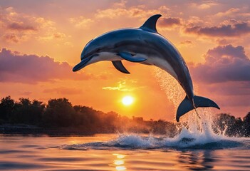 dolphin jumping into the sunset - Powered by Adobe