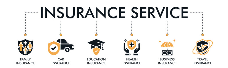 Vector illustration concept of insurance services banner web icon with icons for family, car, education, health, business, and travel insurance.