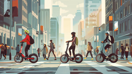 A group of people are riding scooters down a city street