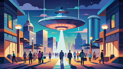 Obraz premium Futuristic Cityscape with UFO and Diverse Crowd Under Starry Sky