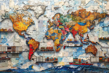 A colorful collage of a world map with a variety of ships and buildings