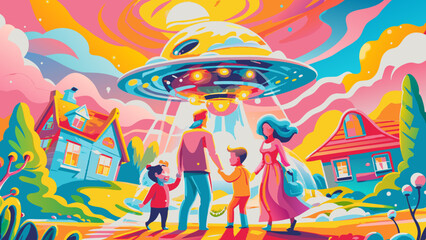 Colorful Illustration of Family Witnessing UFO Abduction 