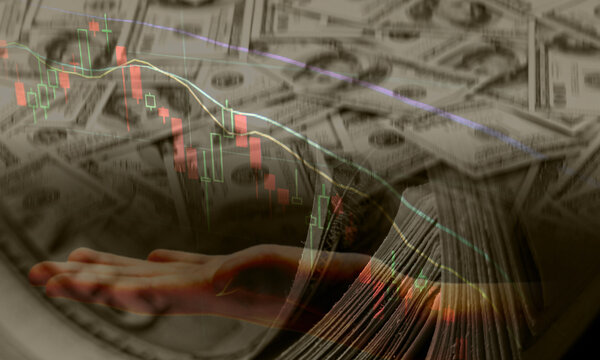 Abstract of inflation, stock market and blurred currency, candlestick pattern with open hand, multiple texture exposure