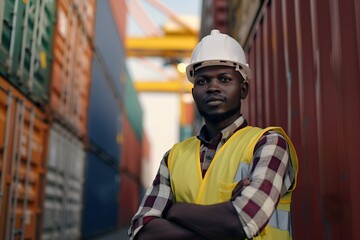 Male african worker in uniform standing on containers yard