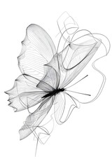 A detailed line drawing of a butterfly with it's wings spread