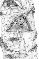 A detailed pen and ink drawing of a birch tree with a face emerging from the bark.