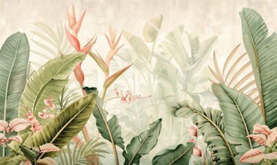Illustration of tropical wallpaper  tropical flowers,  palm leaves