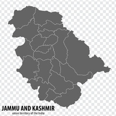 Blank map Jammu and Kashmir. High quality map of Jammu and Kashmir with districts on transparent background for your design. India.  EPS10.