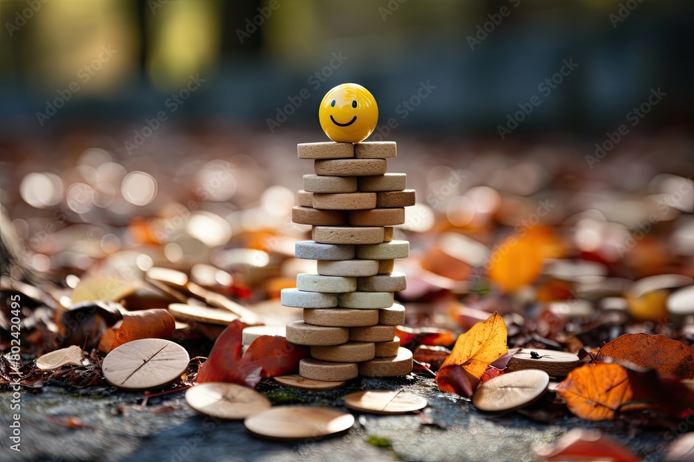 Aufkleber smiley face coin atop stack of coins. generative ai