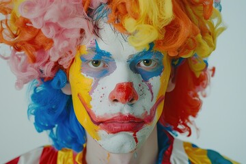 Young man dressed up in clown costume with colorful wig