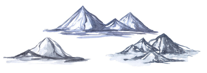 Set collection of loose watercolor moutains in blue grey colors.Scape with hills and mountains isolated on white background.Aquarelle element,environment concept.