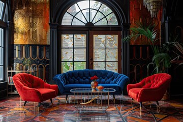 An Art Deco living room featuring geometric black and gold patterned walls with a meticulously chosen sheen that shimmers in the light. Plush velvet seating in jewel tones is arranged around