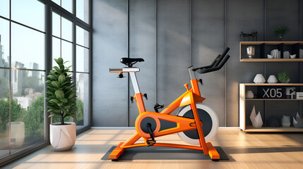 Exercise bike on concrete wall background in gym,Exercise bike in gym - obrazy, fototapety, plakaty