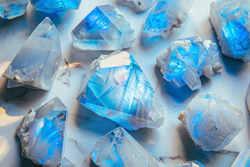 Fototapeta premium moonstone crystals geode close up on stone background, esoteric blue mineral texture on grey surface