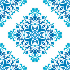 Abstract blue and white  grunge tile seamless ornamental watercolor paint pattern. Azulejo blue color portuguese mediterranean mosaic