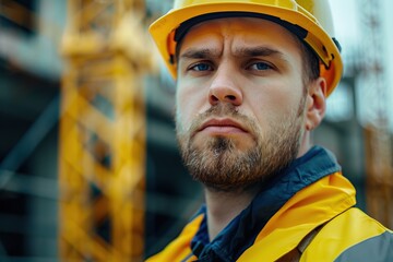 Portrait of young worker in helmet and safety vest standing on blurred building background