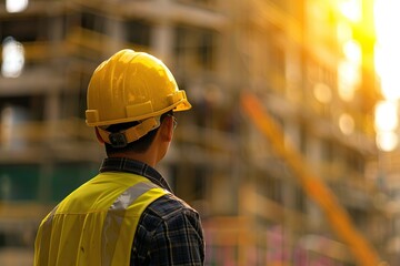 Back view of worker in helmet and safety vest standing on blurred building background