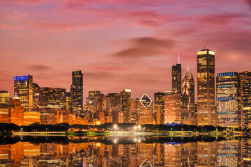 Chicago Skyline at Sunset over the Lake Michigan