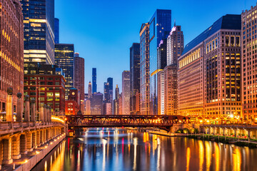 Chicago Downtown Cityscape with Chicago River at Dusk