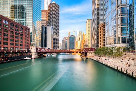 Chicago Downtown Cityscape with Chicago River at Sunset
