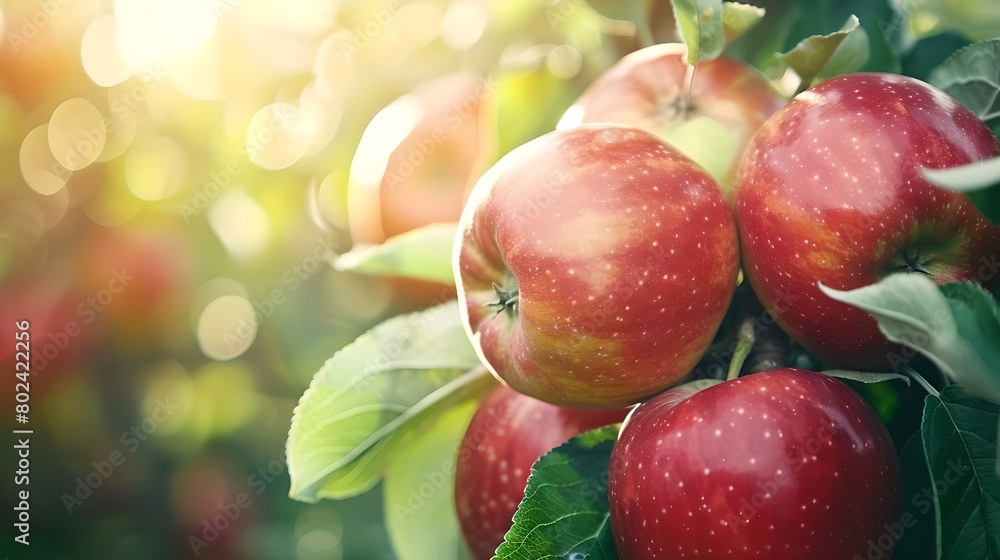 Wall mural Fresh ripe red apples hanging on branches in sunlight. Natural organic produce on tree. Harvesting fruits in orchard. Healthy eating concept. AI