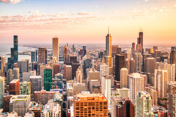 Chicago Aerial Skyline View at Sunset